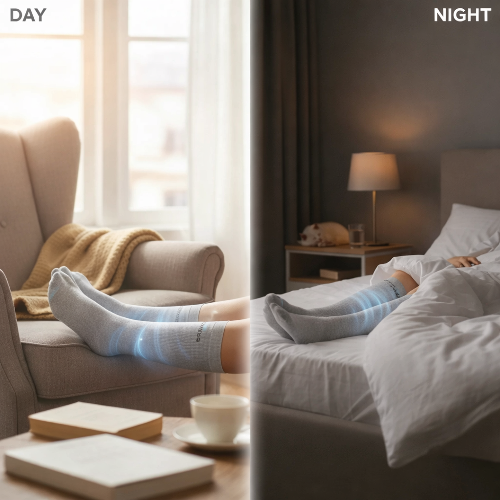 Split screen showing a person wearing light blue compression socks while relaxing in an armchair during the day and sleeping in bed at night for 24-hour leg support.