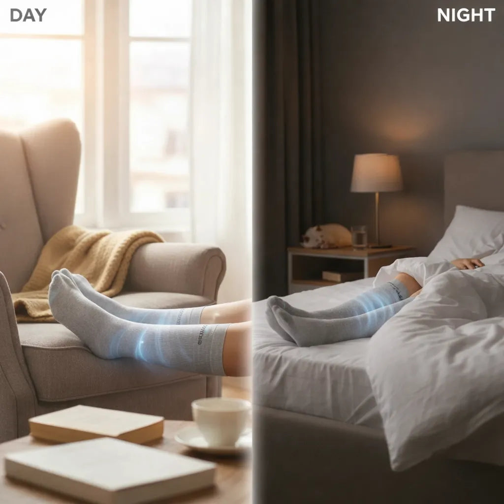 Split screen showing a person wearing light blue compression socks while relaxing in an armchair during the day and sleeping in bed at night for 24-hour leg support.