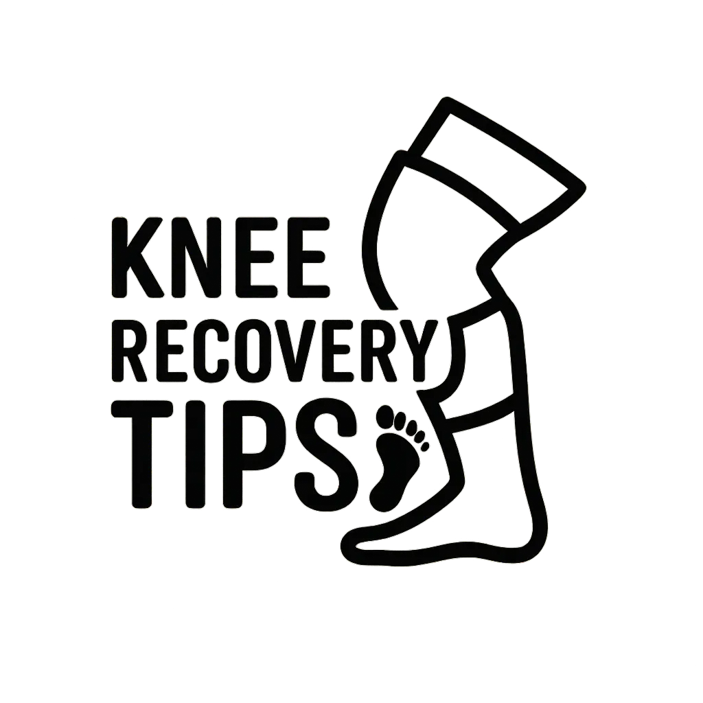 Professional graphic illustration featuring bold text 'KNEE RECOVERY TIPS' next to a stylized black outline of a human leg, indicating physical therapy and rehabilitation resources.
