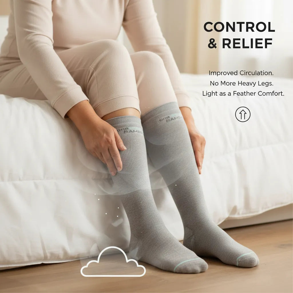 Infographic of a person wearing grey bamboo compression socks while sitting on a bed, featuring text 