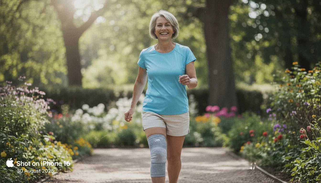 A healthy, smiling senior woman walking outdoors on a sunny garden path. She is wearing a light blue performance shirt, shorts, and a gray athletic compression knee sleeve for support and mobility.
