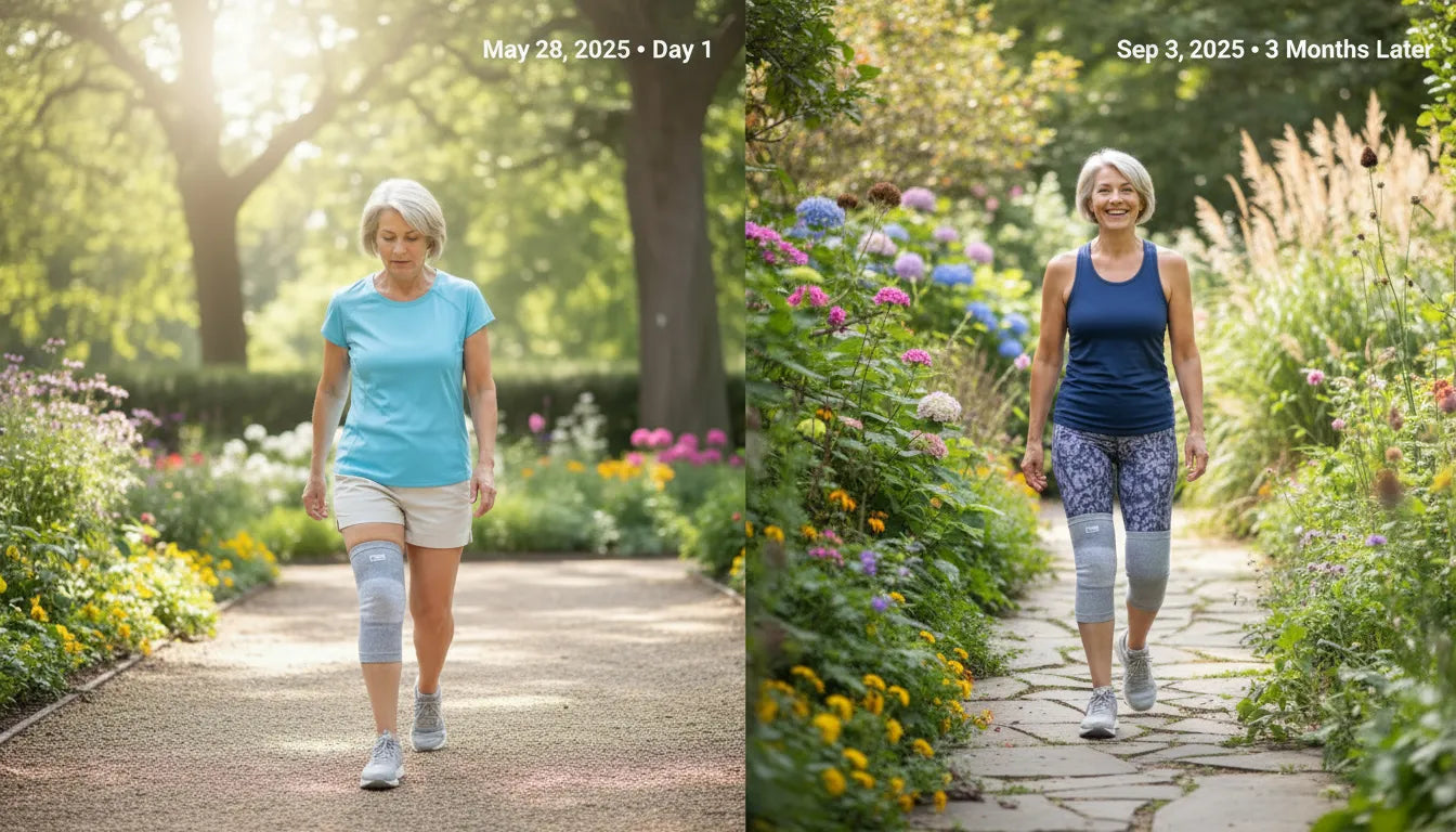 Before and after comparison showcasing a woman utilizing knee compression sleeves. Image 1 (Day 1) depicts guarded walking on a gravel path. Image 2 (3 Months Later) shows the woman smiling confidently and moving freely on a stone path amidst lush landscaping, illustrating enhanced joint comfort and mobility progression.
