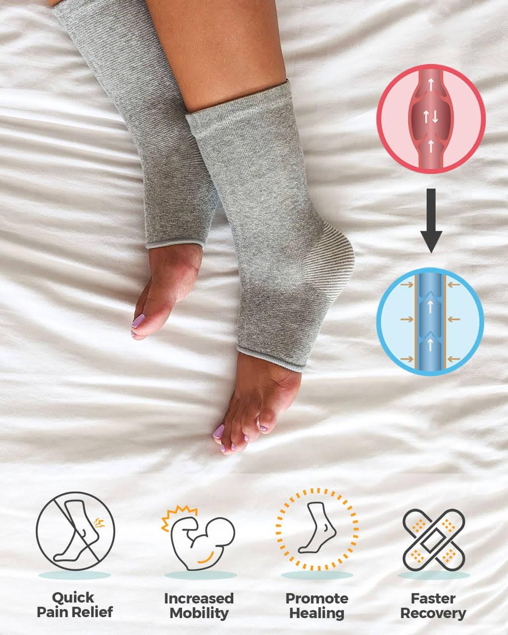 Grey compression socks for foot pain relief, promoting circulation, healing, and faster recovery. Designed to increase mobility and reduce discomfort.
