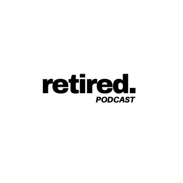 Black and white logo for the Retired Podcast, indicating social proof and endorsement for recovery-focused compression gear.