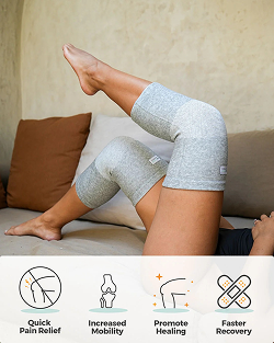 Professional visual depicting a woman utilizing gray knitted compression knee sleeves while resting, emphasizing benefits like quick pain relief and increased mobility for joint support and faster recovery.